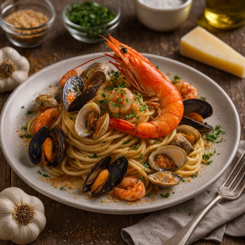 Spaghettis aux fruits de mer et boutargue sauce blanche