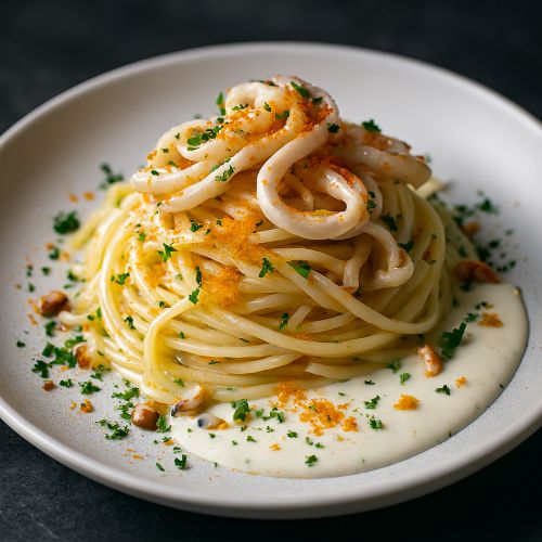Spaghetti seiche boutargue sauce blanche