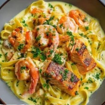 Tagliatelle aux crevettes & saumon